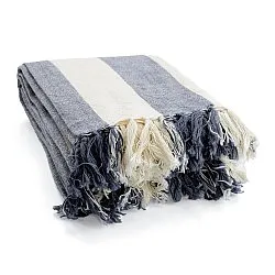 Deky - Kora stripe cotton throw (krémová/tmavomodrá)