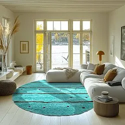 Kulatý koberec - Leora Natural Cotton Shaggy (tyrkysová/hnědá)