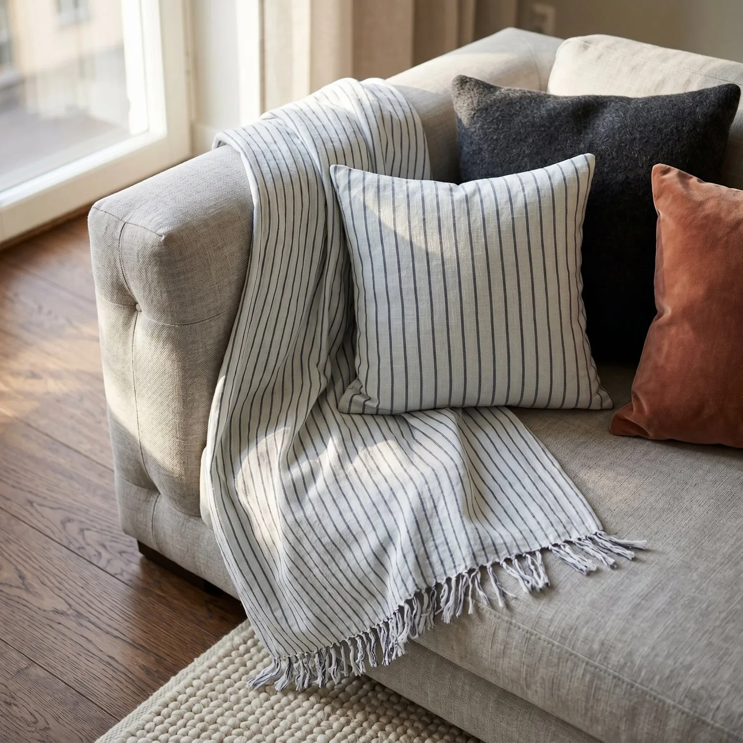Deky - Rumi stripe cotton throw (světle modrá/tmavomodrá/krémová)
