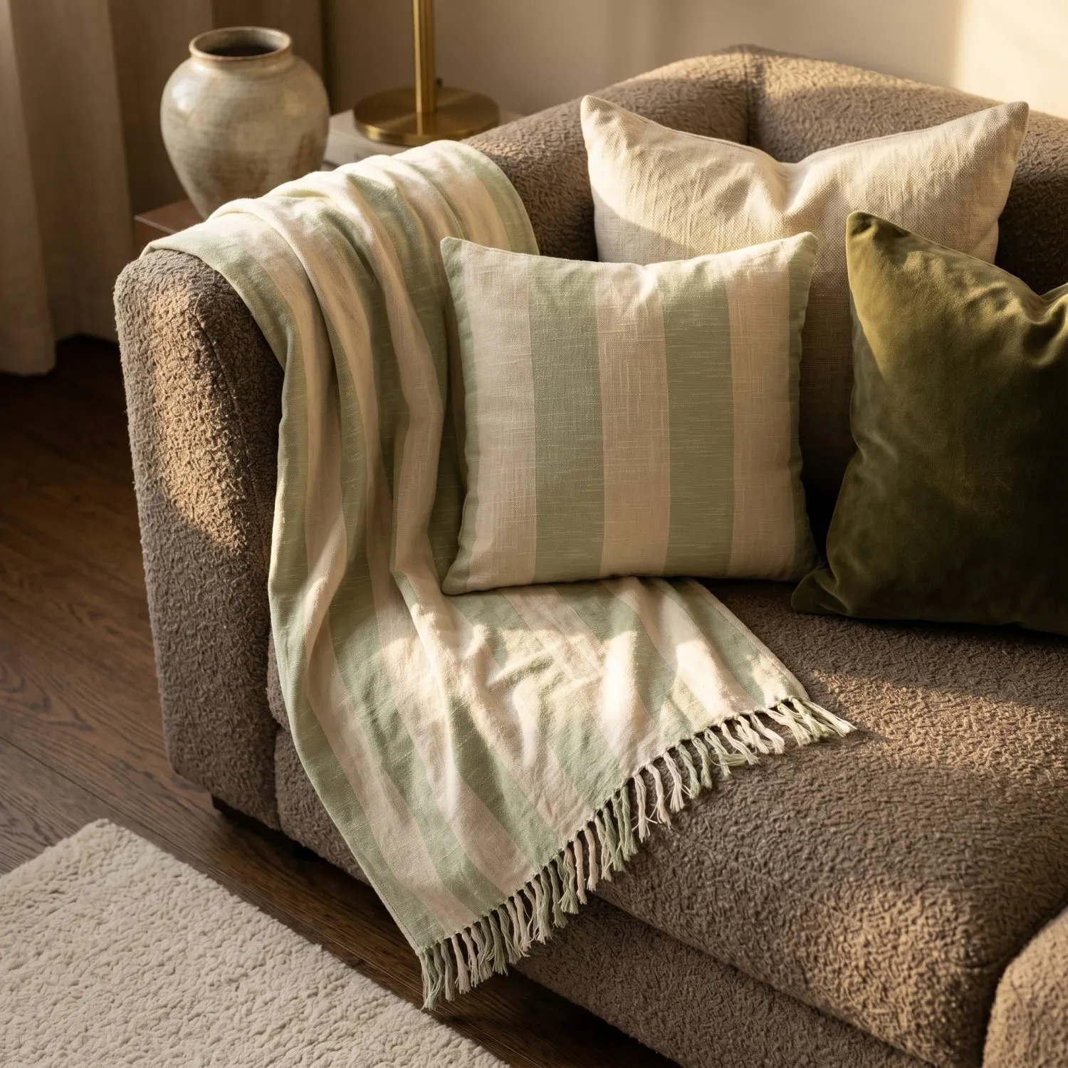 Deky - Kora stripe cotton throw (krémová/světle zelená)