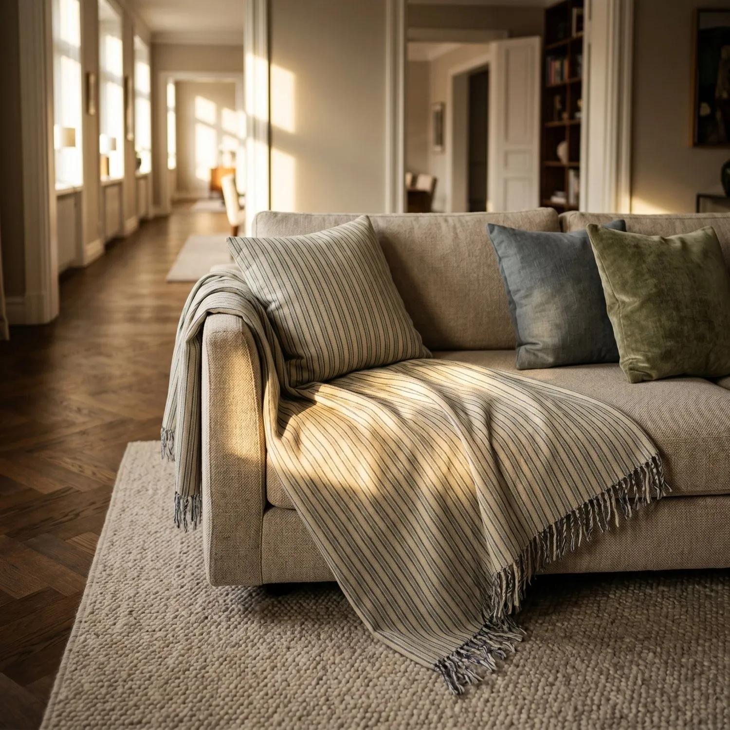 Deky - Rumi stripe cotton throw (krémová/tmavomodrá/světle zelená)