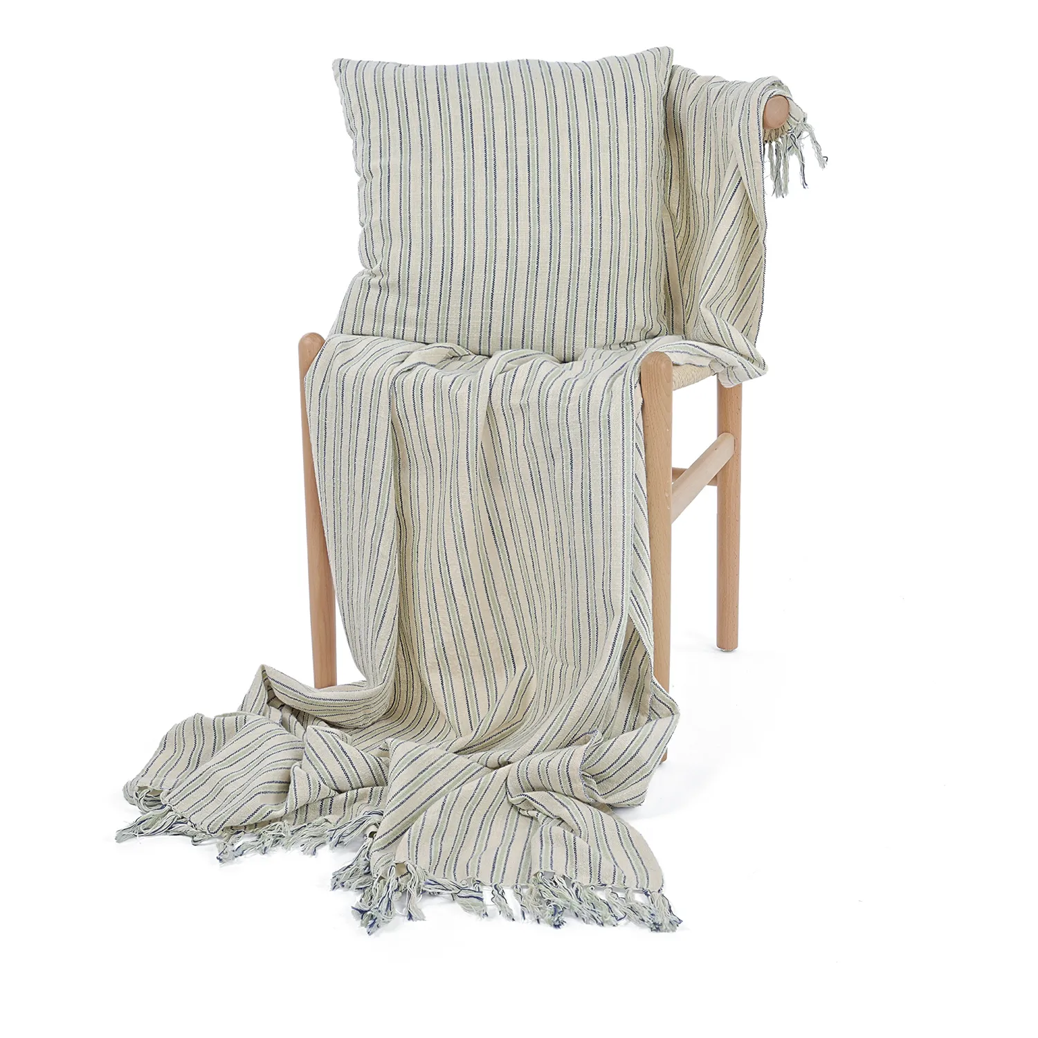Deky - Rumi stripe cotton throw (krémová/tmavomodrá/světle zelená)