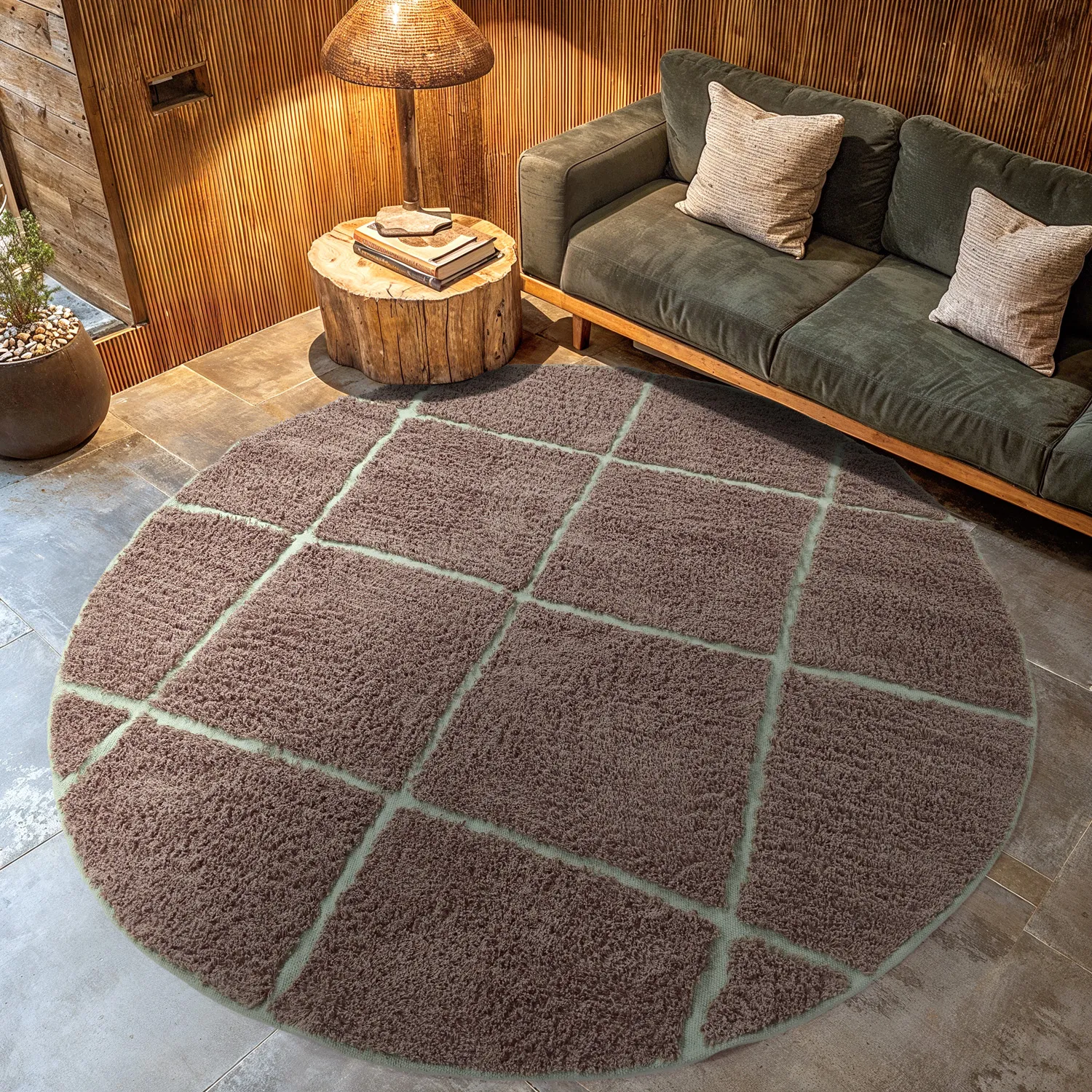 Kulatý koberec - Bellevue Natural Cotton Shaggy (taupe/zelená)