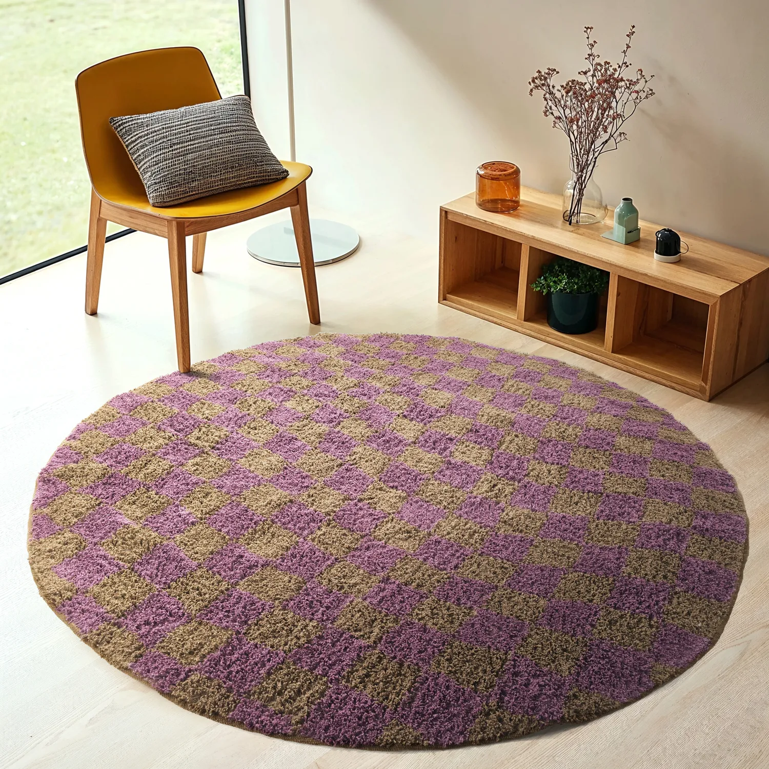Kulatý koberec - Elsey Natural Cotton Shaggy (hnědá/fialová)