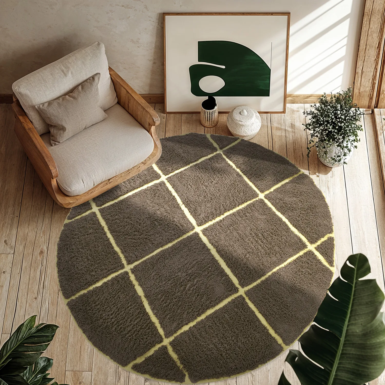 Kulatý koberec - Bellevue Natural Cotton Shaggy (hnědá/žlutá)