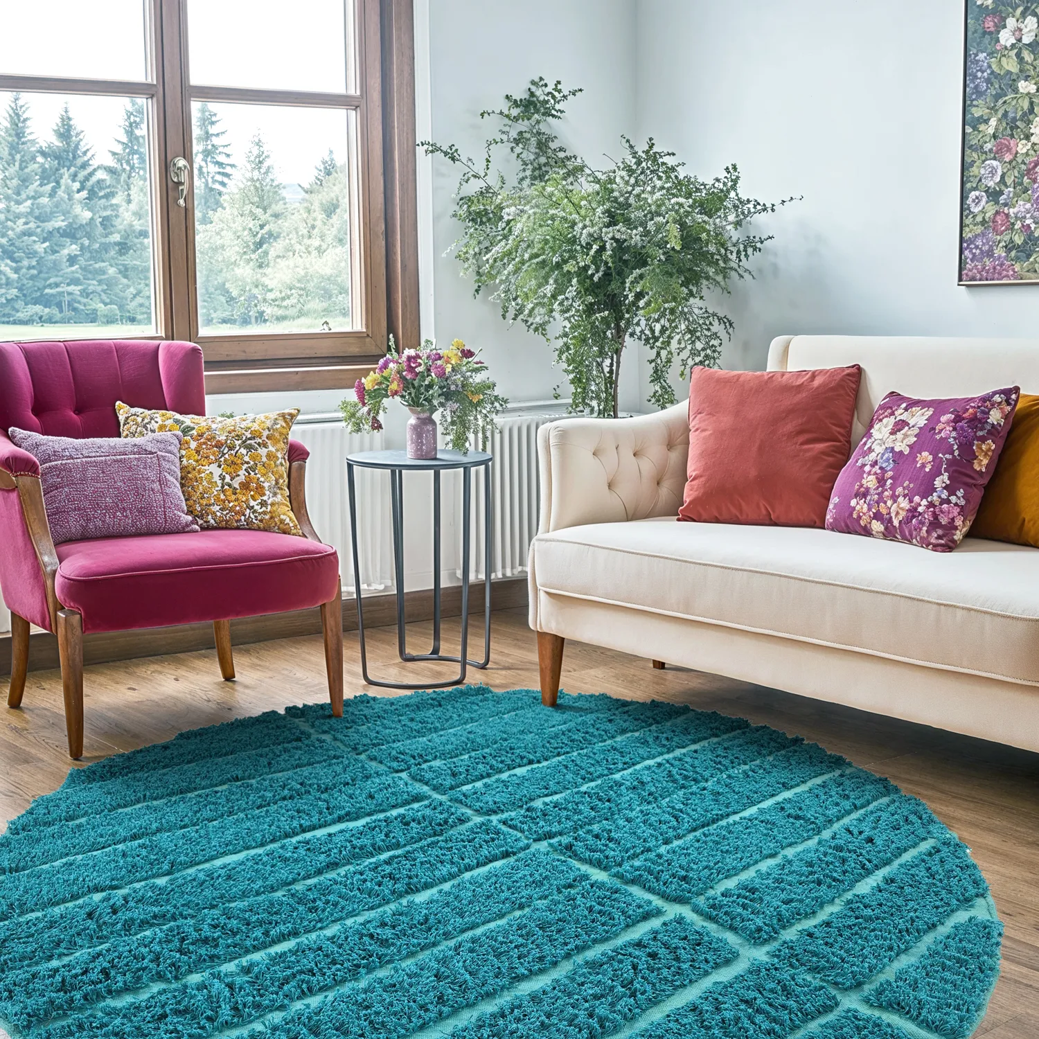 Kulatý koberec - Ikara Natural Cotton Shaggy (tyrkysový)
