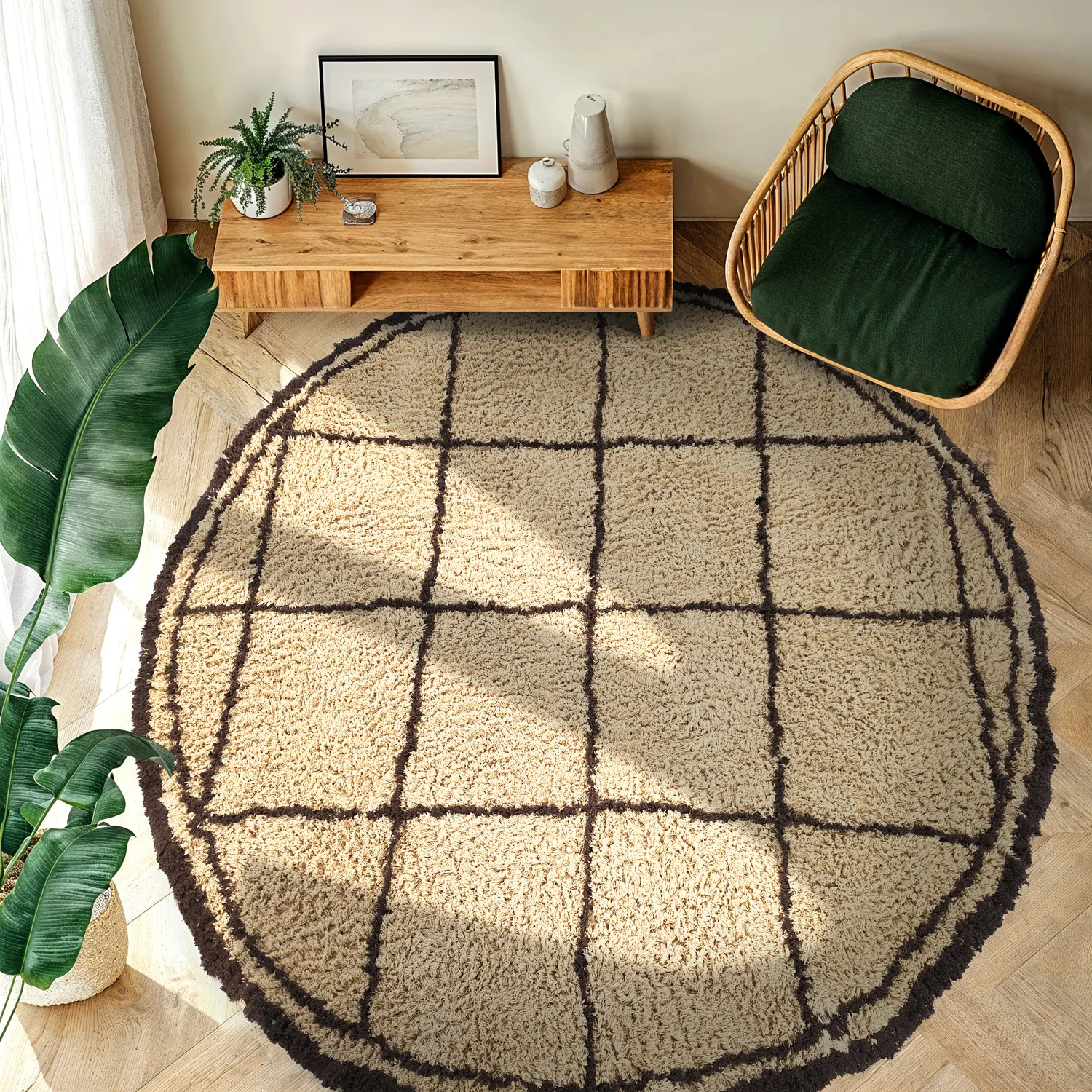 Kulatý koberec - Lana Natural Cotton Shaggy (béžová/hnědá)