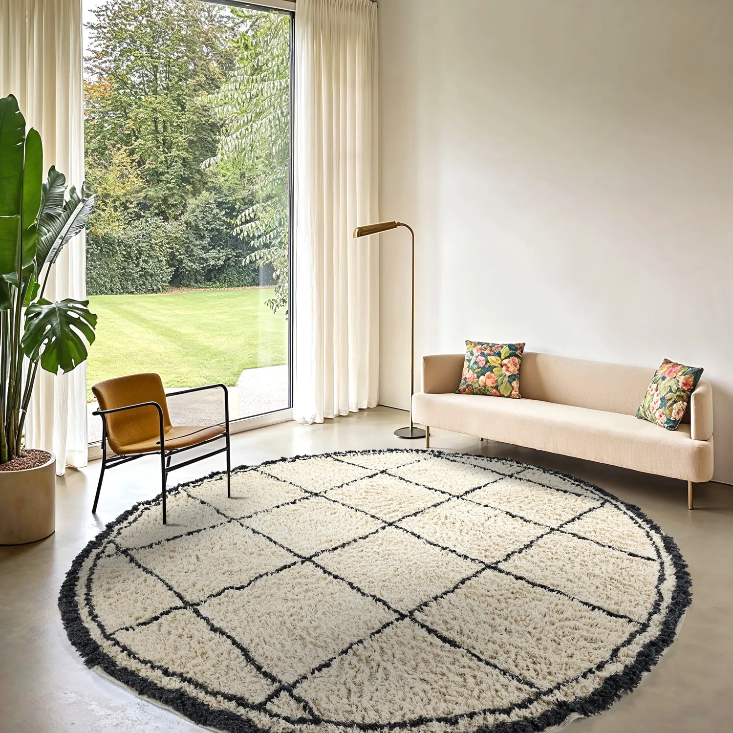 Kulatý koberec - Lana Natural Cotton Shaggy (krémová/tmavě šedá)