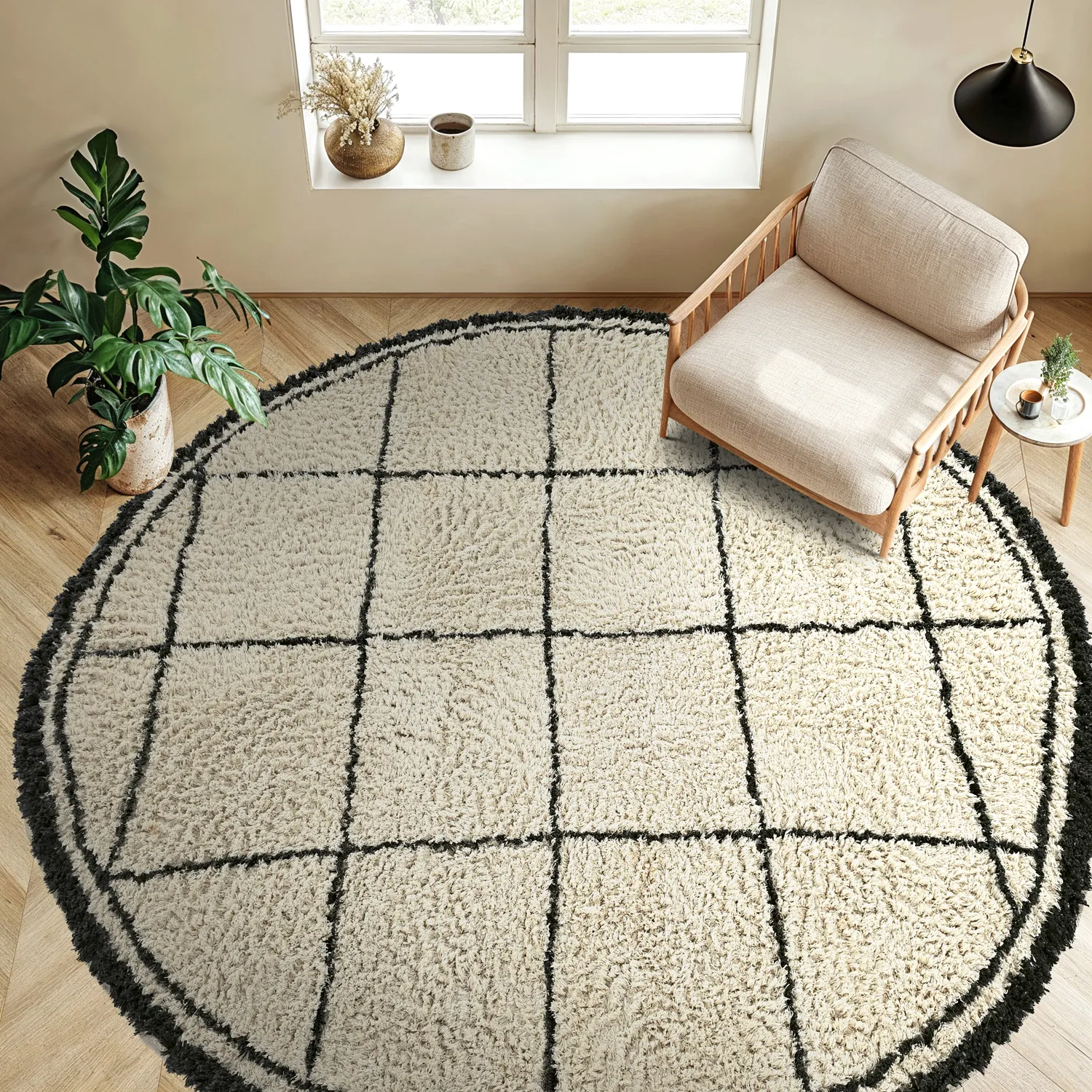 Kulatý koberec - Lana Natural Cotton Shaggy (krémová/tmavě šedá)