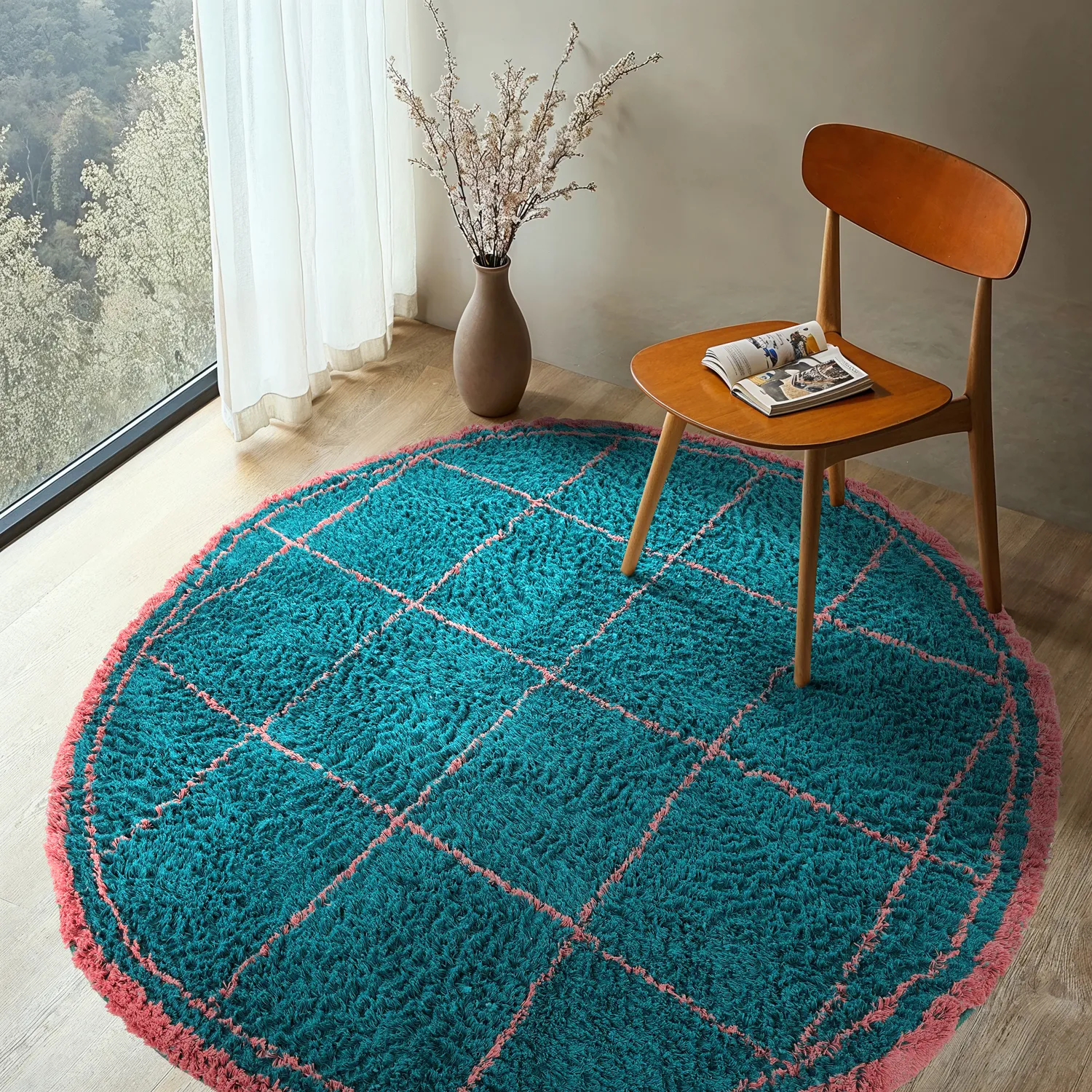 Kulatý koberec - Lana Natural Cotton Shaggy (tyrkysová/růžová)