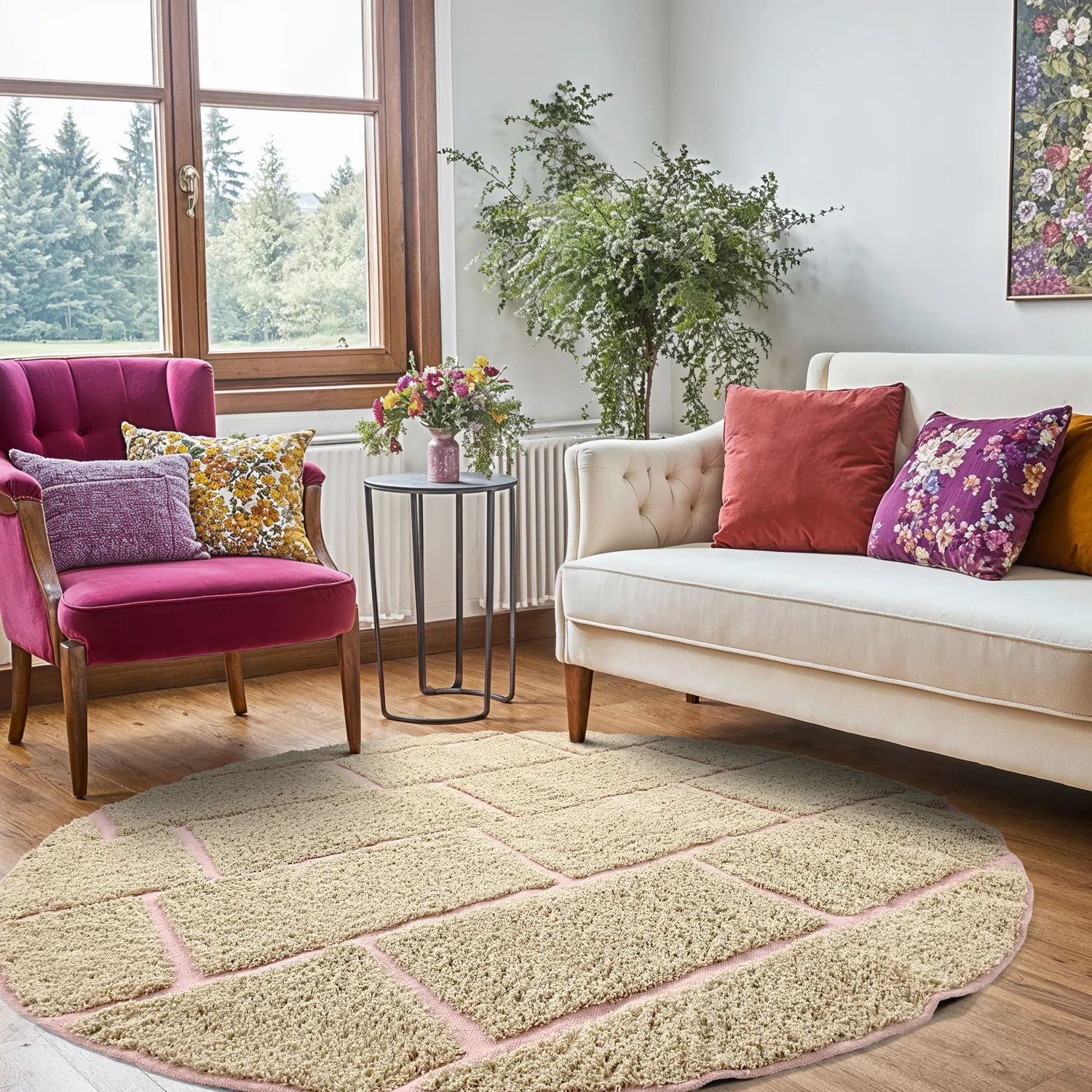 Kulatý koberec - Lindley Natural Cotton Shaggy (béžová/růžová)