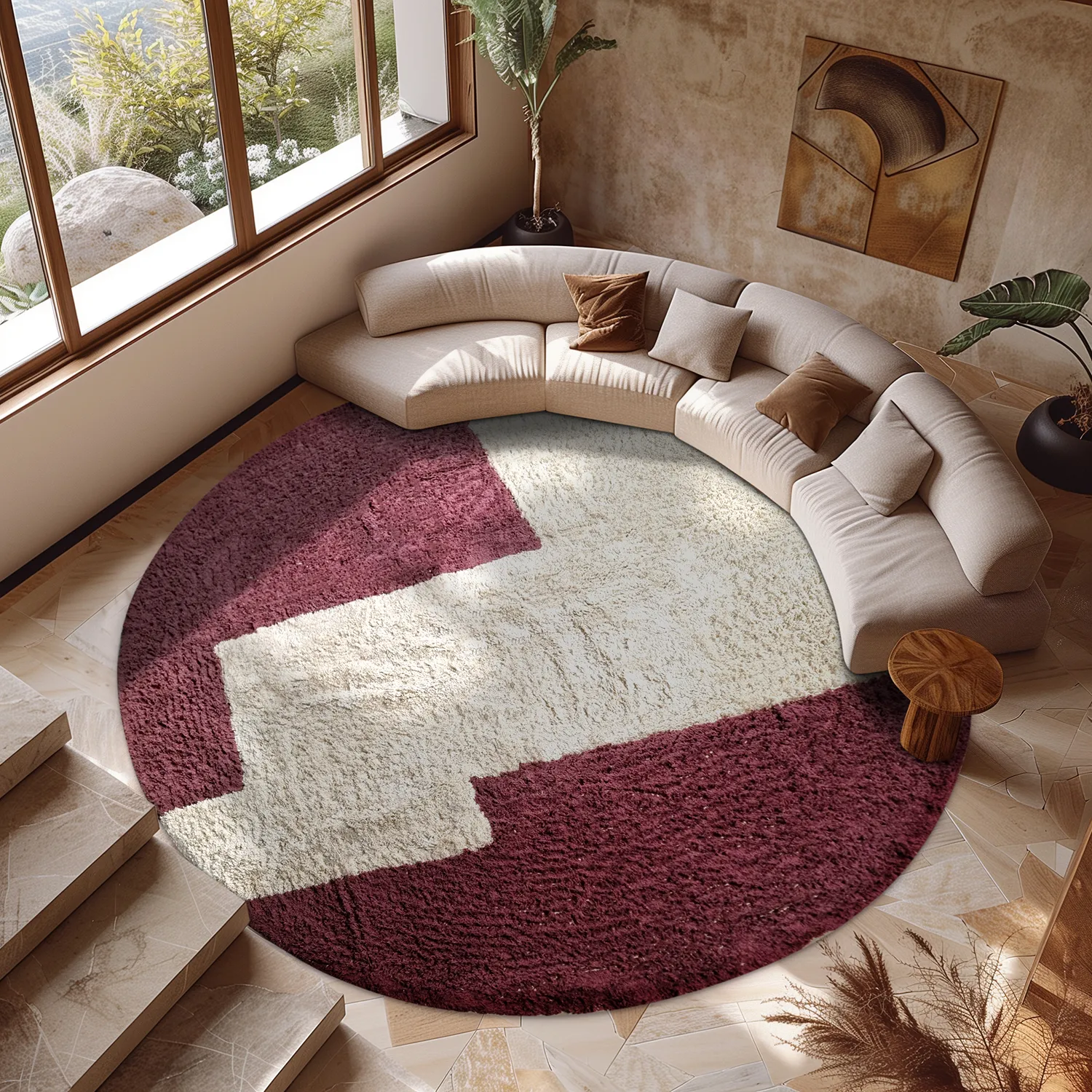 Kulatý koberec - Ricco Natural Cotton Shaggy (offwhite/vínově červená)
