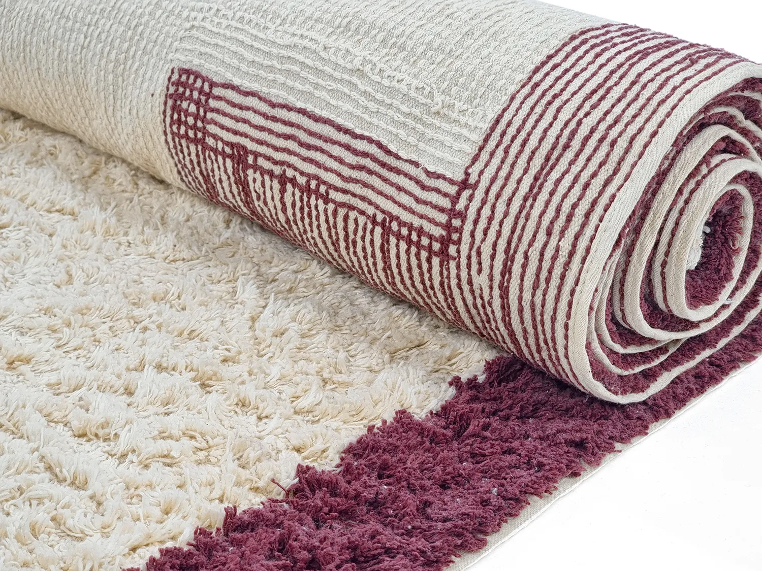 Kulatý koberec - Ricco Natural Cotton Shaggy (offwhite/vínově červená)