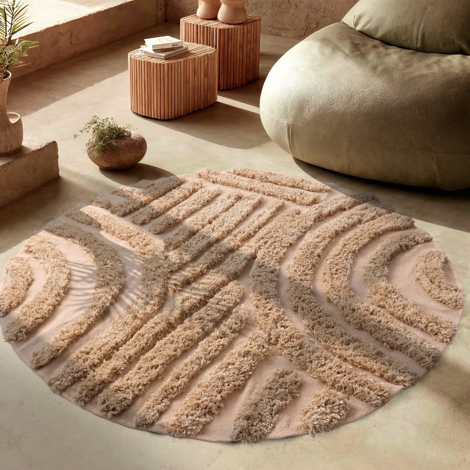 Kulatý koberec - Cazorla Natural Cotton Shaggy (béžový)