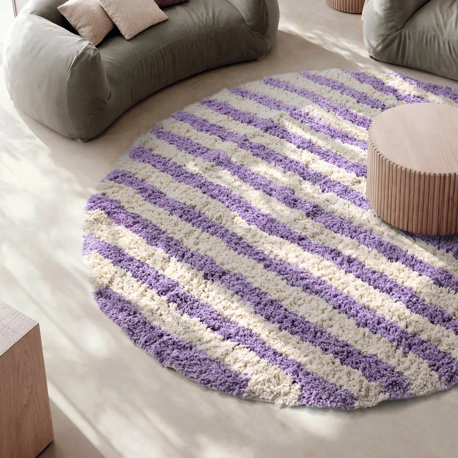Kulatý koberec - Thira Stripe Cotton Shaggy (krém/světle fialová)