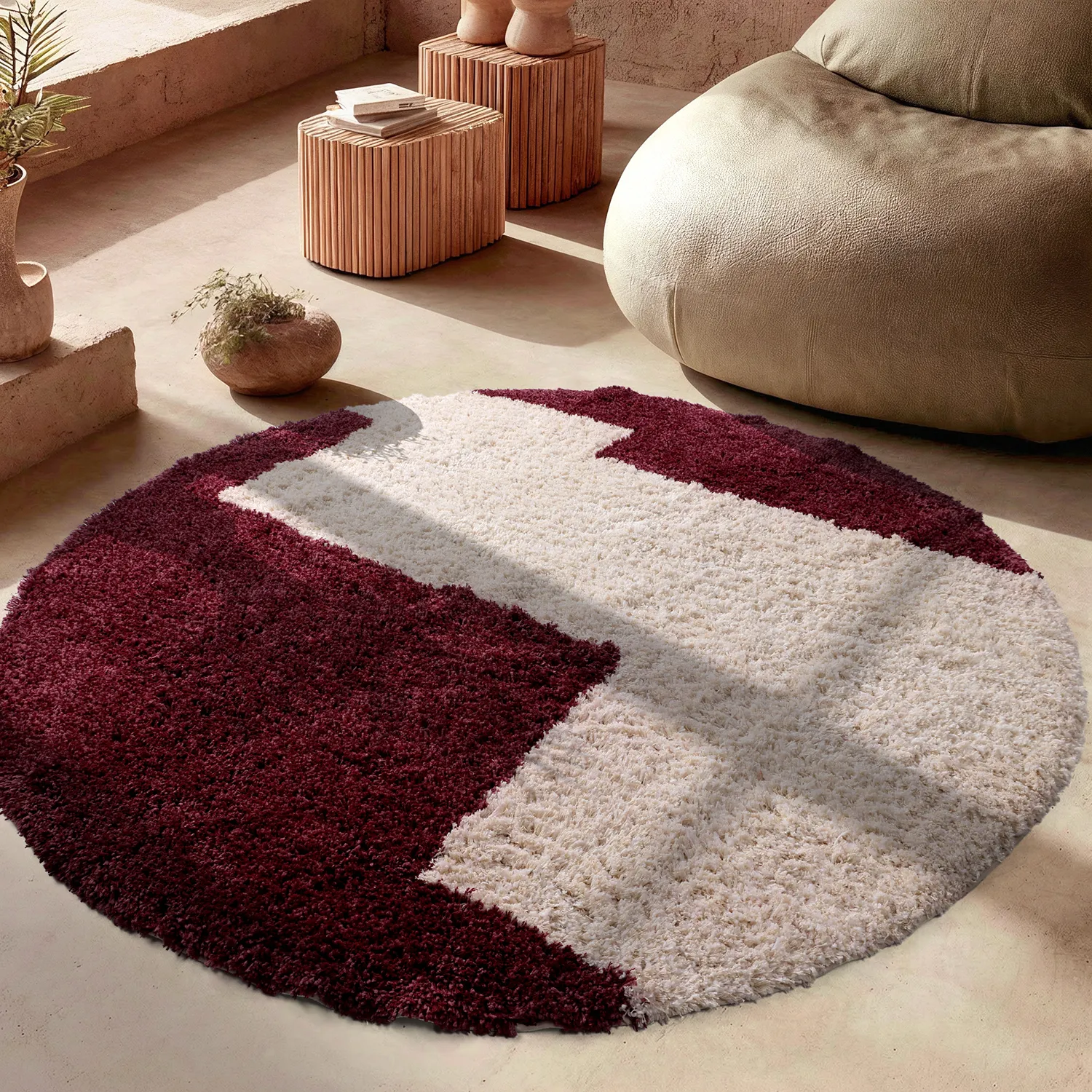 Kulatý koberec - Begur Natural Cotton Shaggy (lomená bílá/vínová)