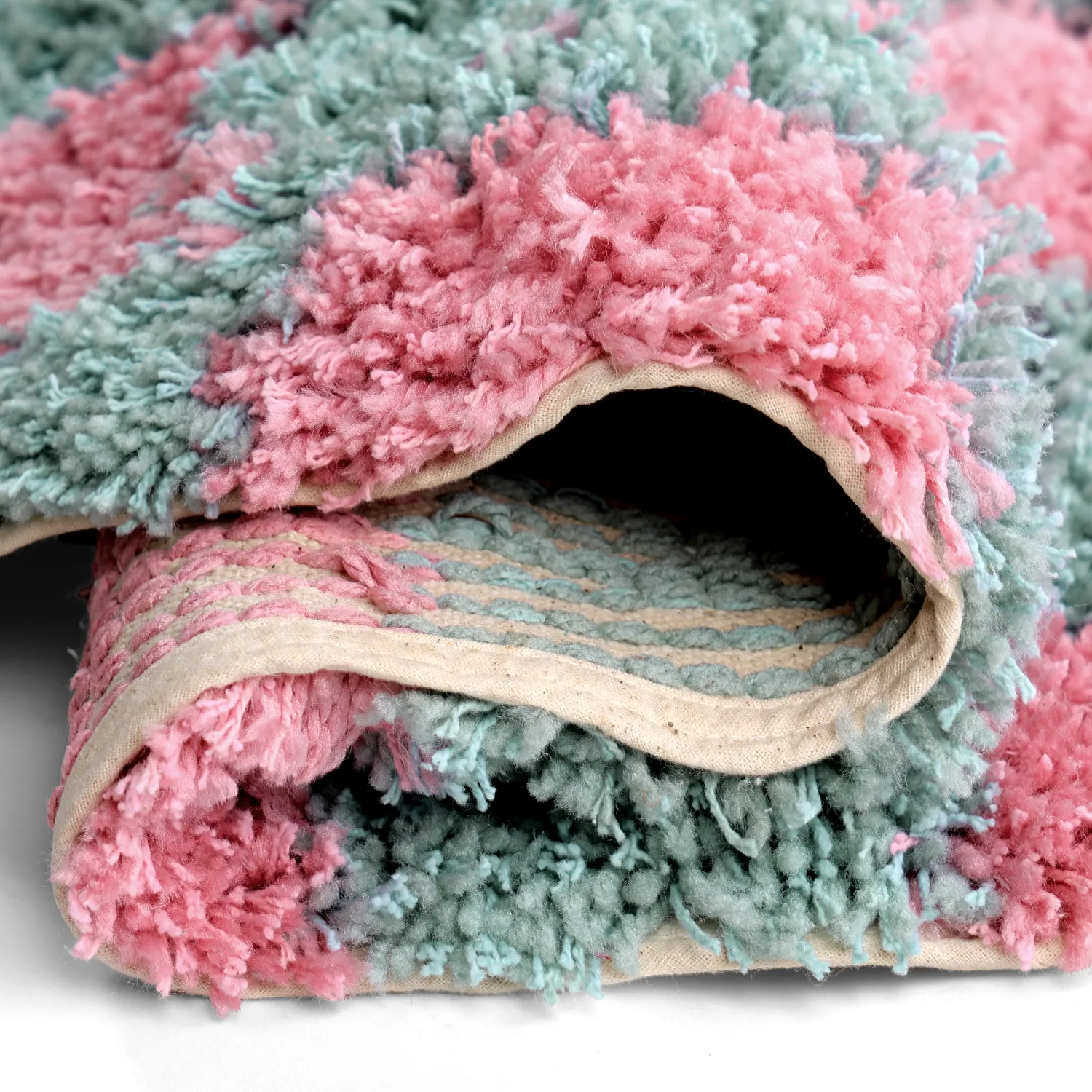 Kulatý koberec - Methoni Check Cotton Shaggy (světle modrá/světle růžová)