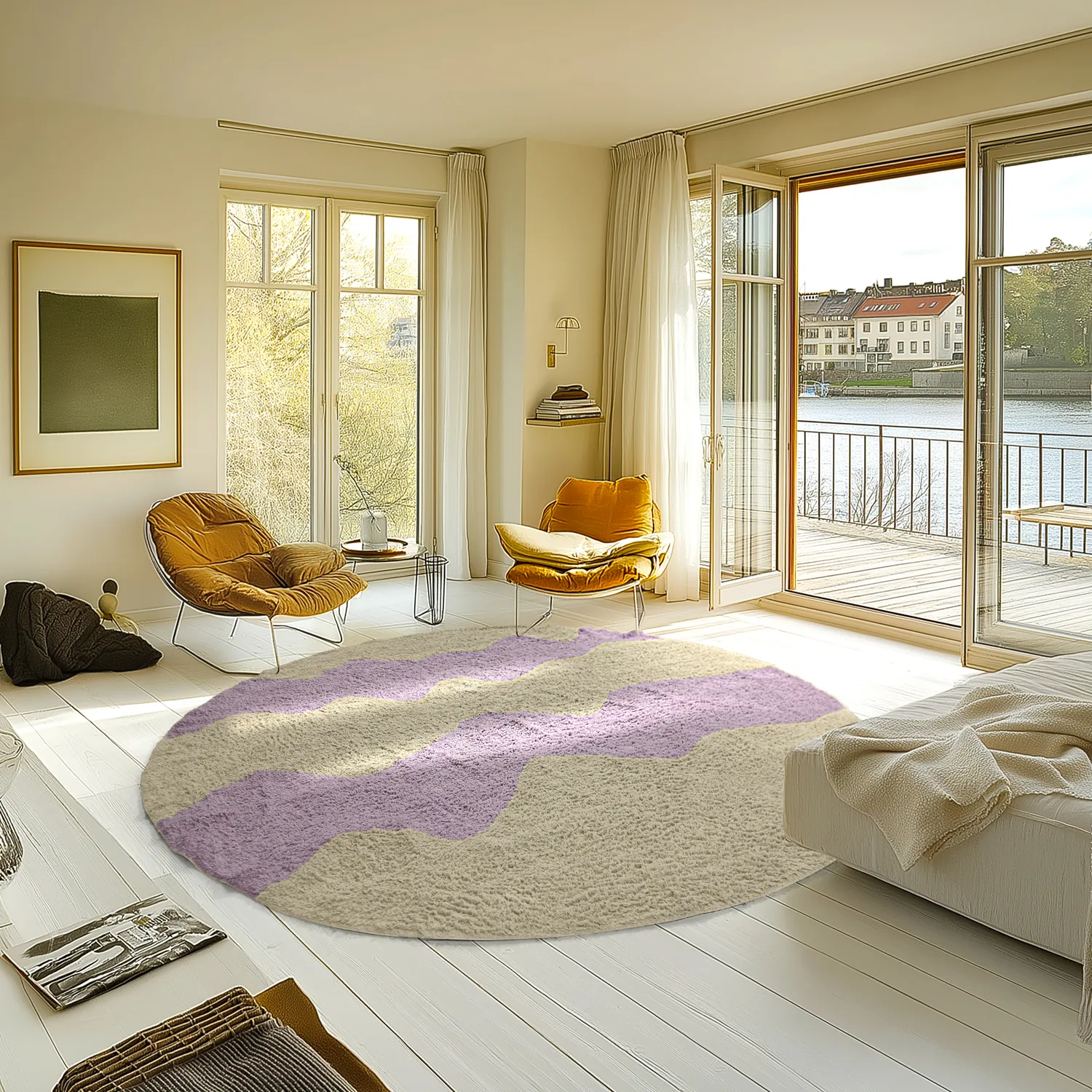 Kulatý koberec - Amira Natural Cotton Shaggy (béžová/fialová)