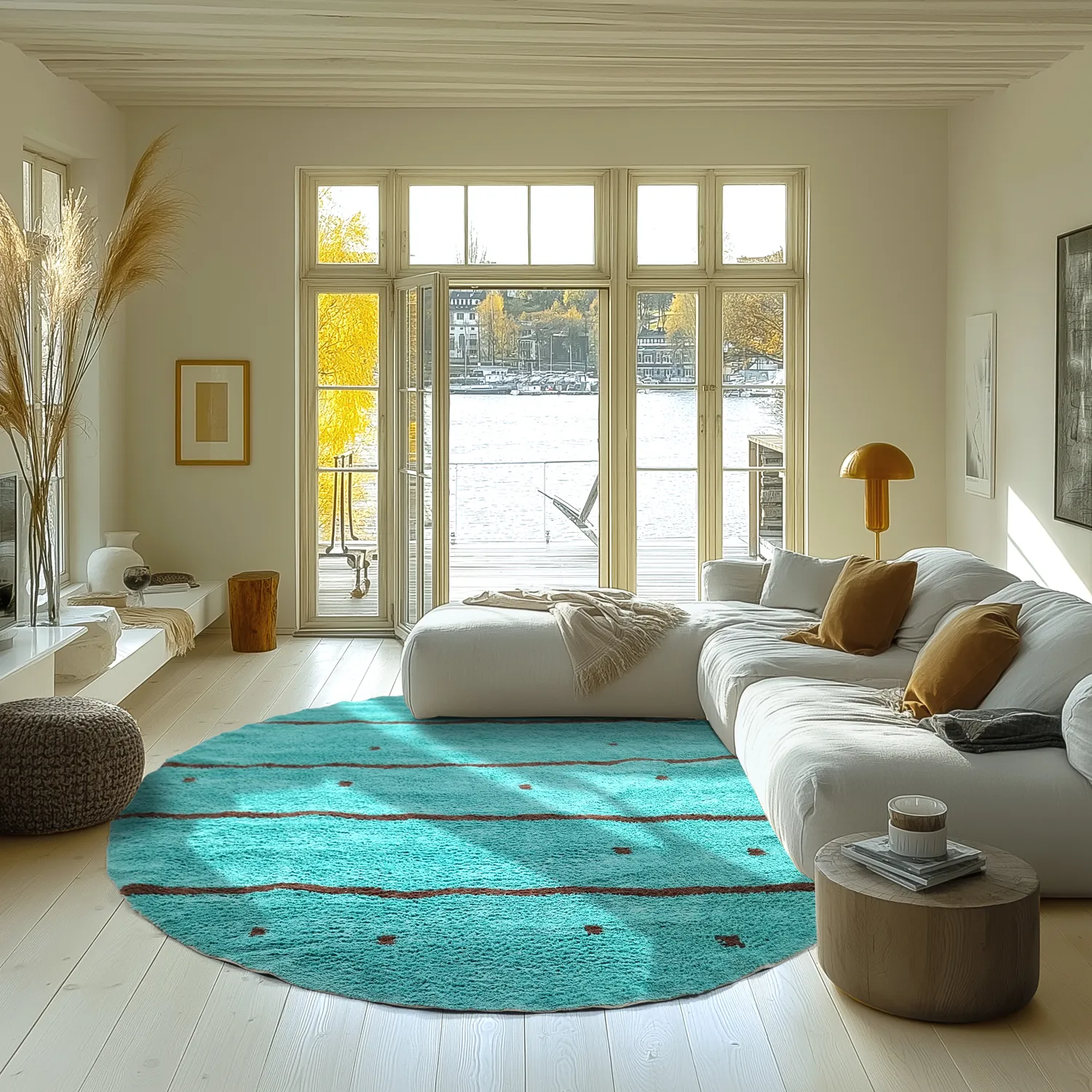 Kulatý koberec - Leora Natural Cotton Shaggy (tyrkysová/hnědá)