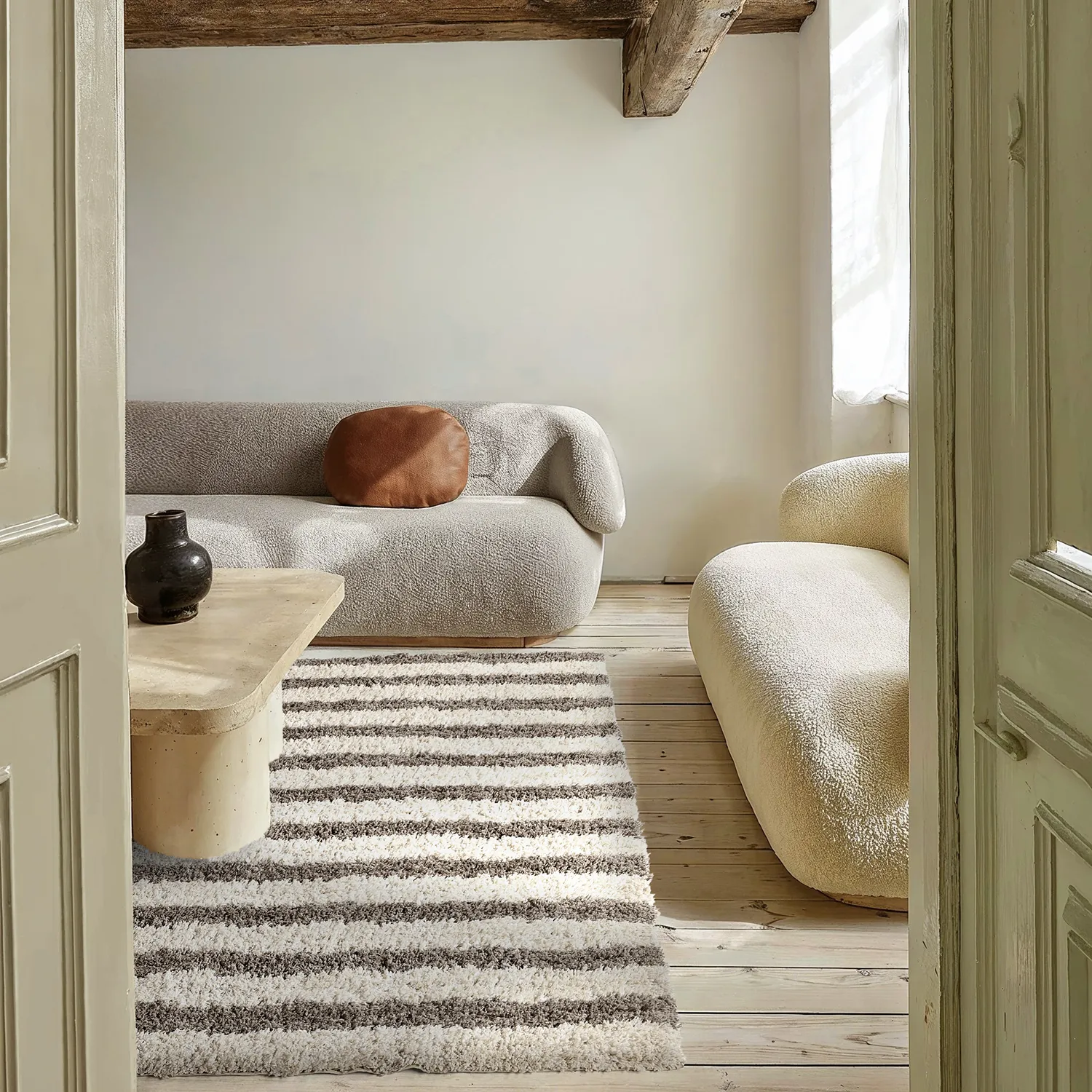 Shaggy koberce - Thira Stripe Cotton Shaggy (krémová/taupe)